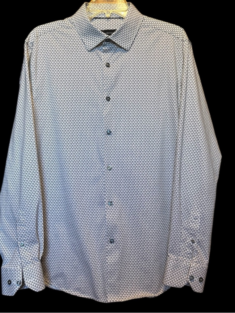 Bugatchi Shirt Mens Large White Black Geometric 8 Way Stretch OoohCotton Tech